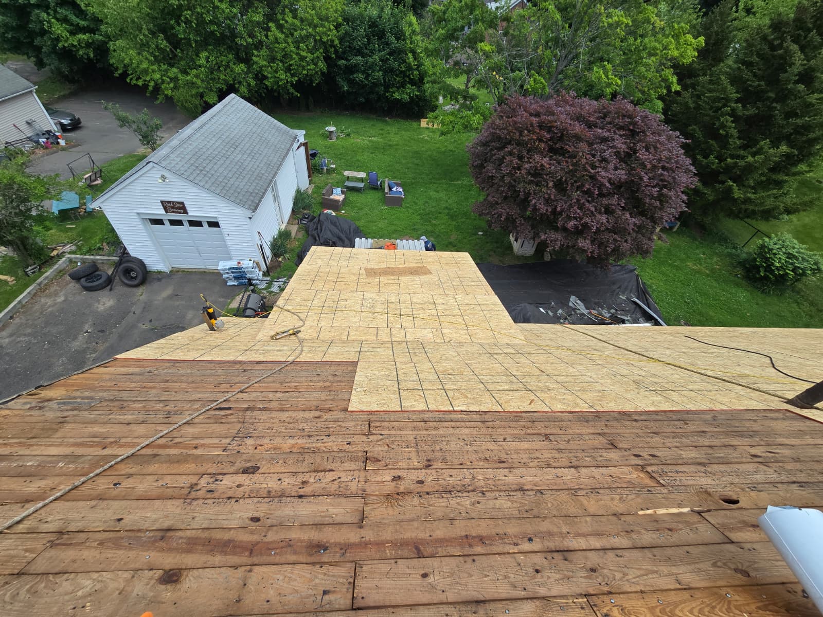 New plywood roof decking aerial view